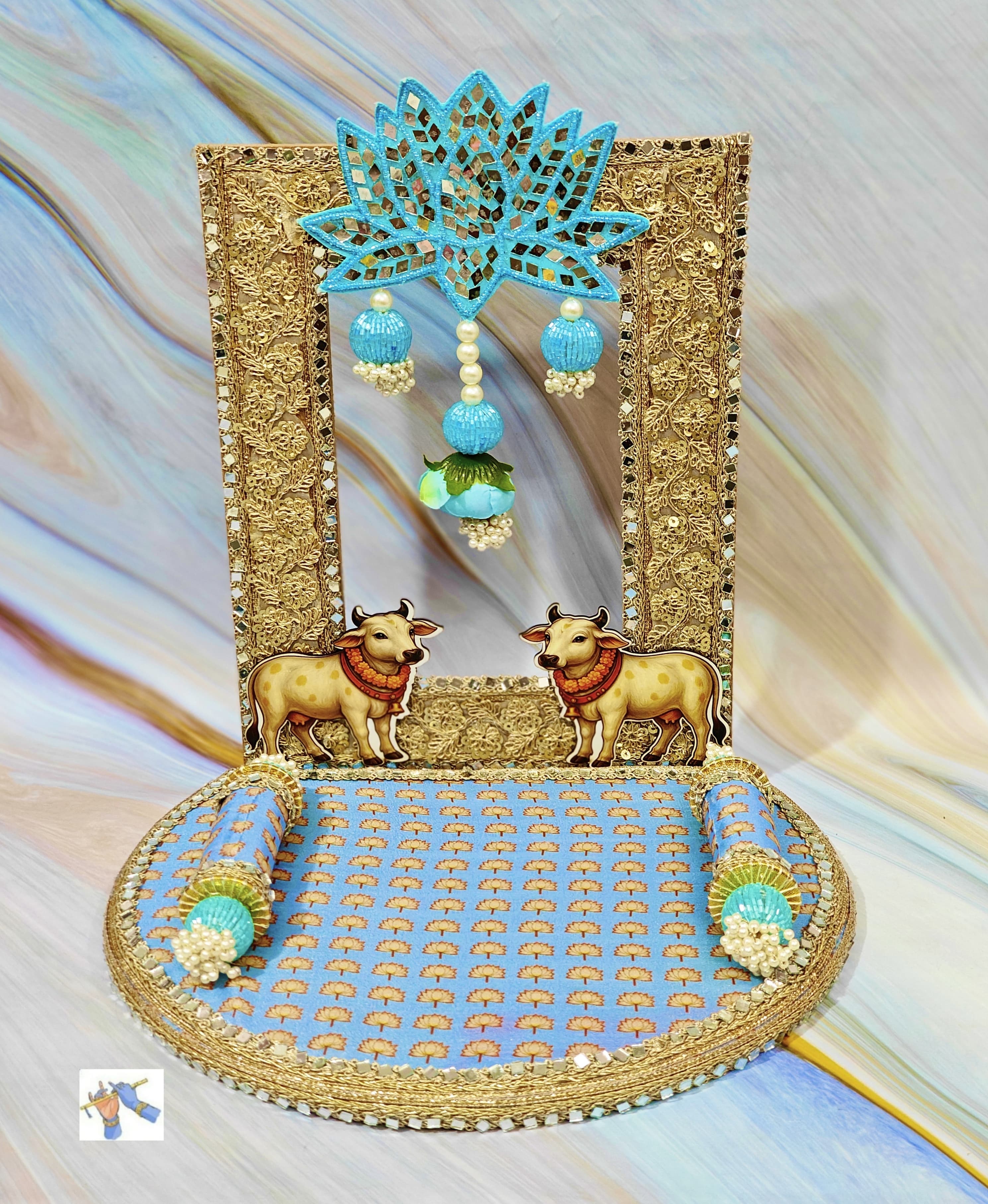 wooden Foldable singhasan for your Mandir Ganpati or laddu gopal, blue